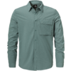 Grün-graues, langärmeliges Hemd mit Knopfleiste, Kragen, linker Brusttasche mit Klappe und kleinem Logo über der Tasche