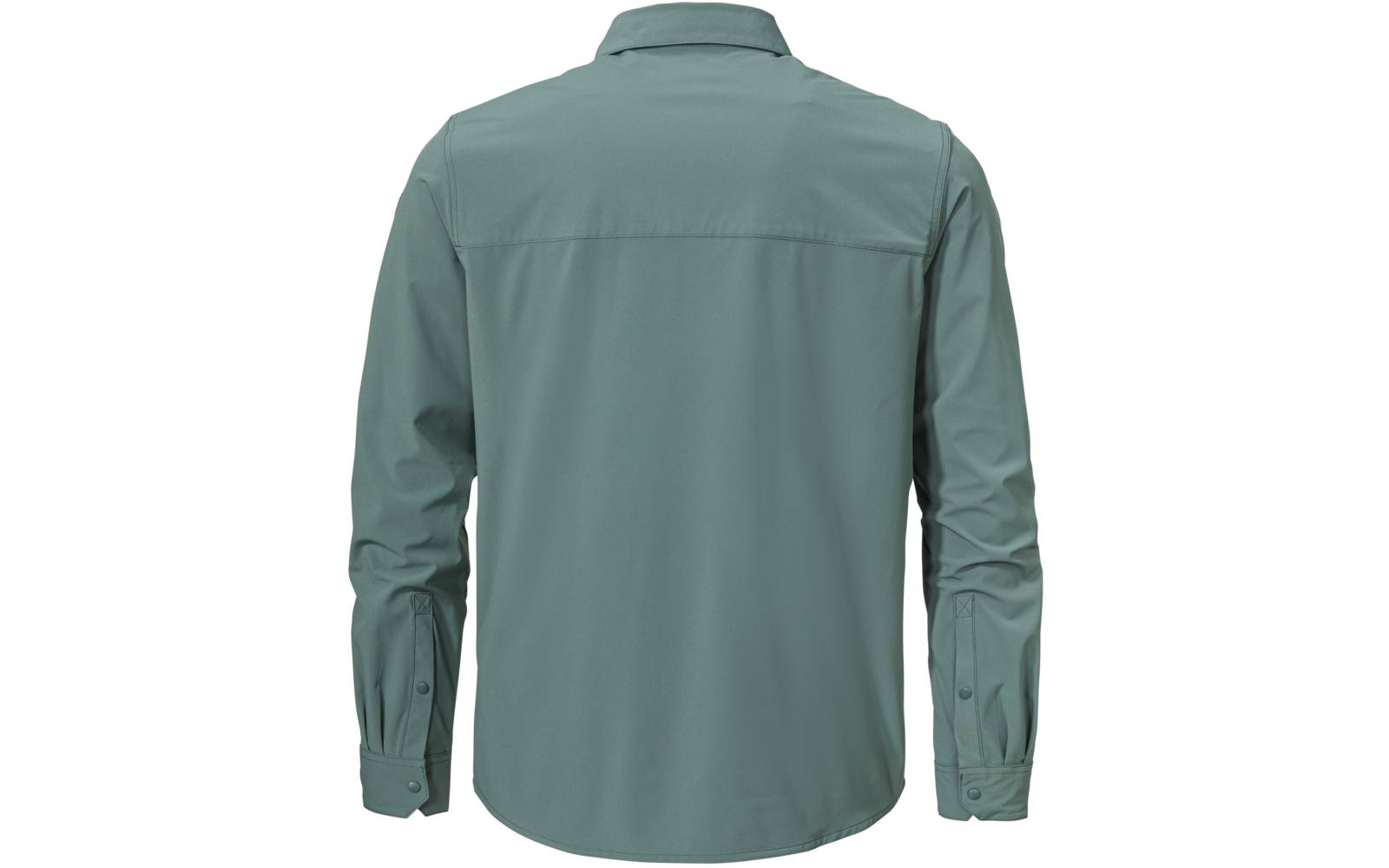 Rückenansicht eines langärmligen grünen Hemds mit Kragen und Manschetten