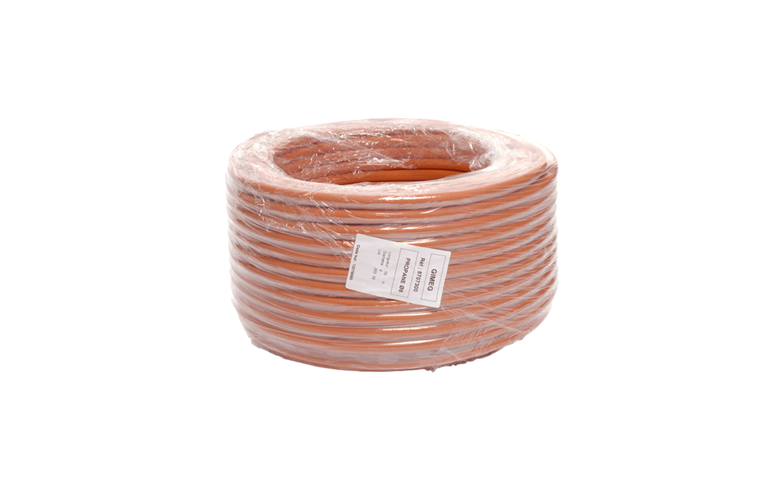 Aufgerolltes orangefarbenes Kabel mit einem Etikett