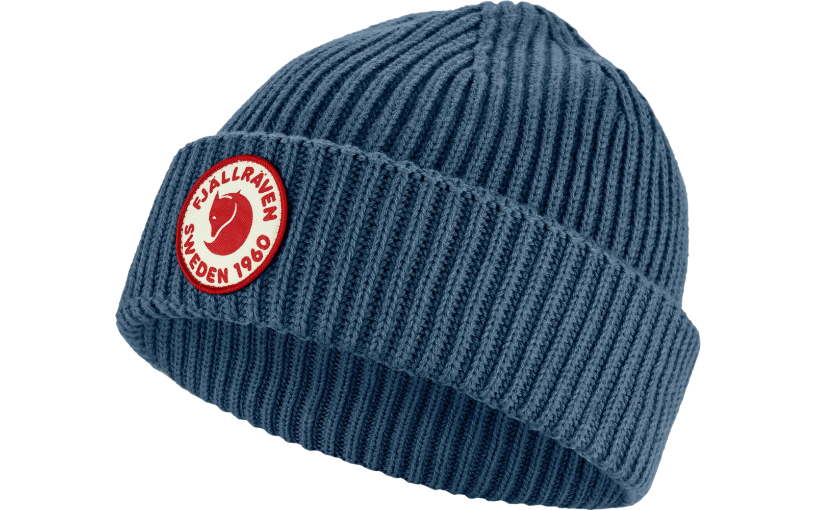 Blaue gestrickte Mütze mit Umschlag und rundem roten Logo