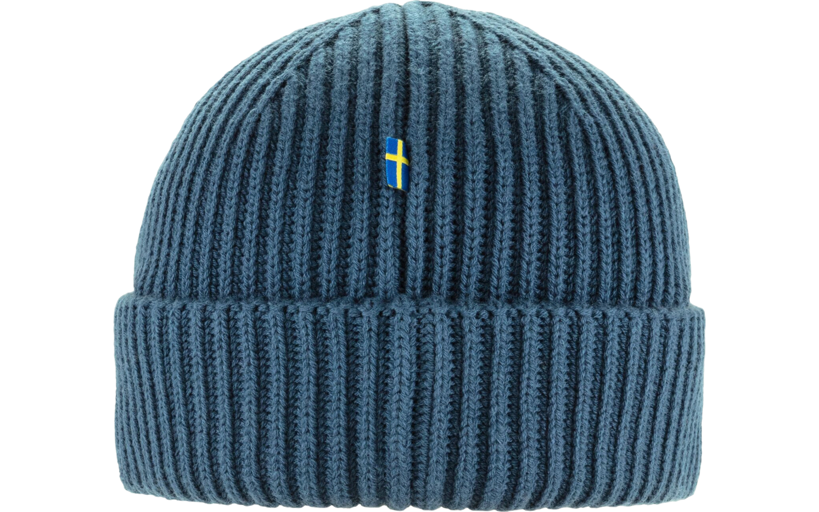 Blaue Strickmütze mit Umschlag und kleinem schwedischen Flaggenlogo