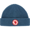 Blaues gestricktes Beanie mit Umschlag und rundem roten Logo vorne