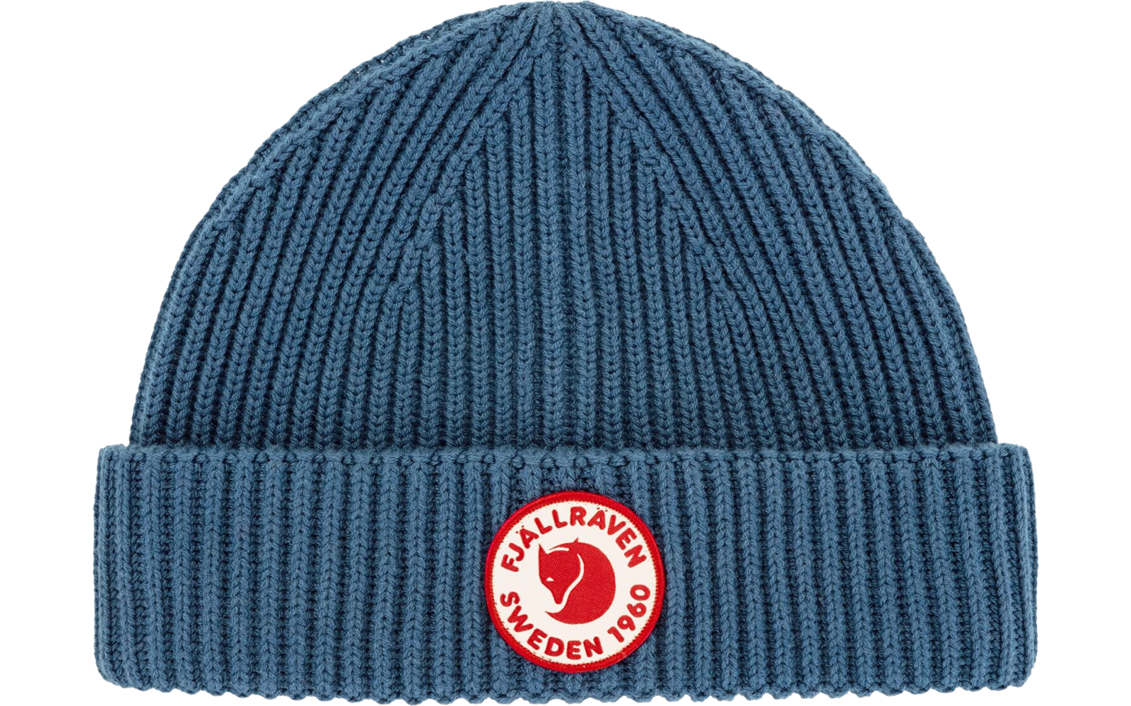 Blaues gestricktes Beanie mit Umschlag und rundem roten Logo vorne