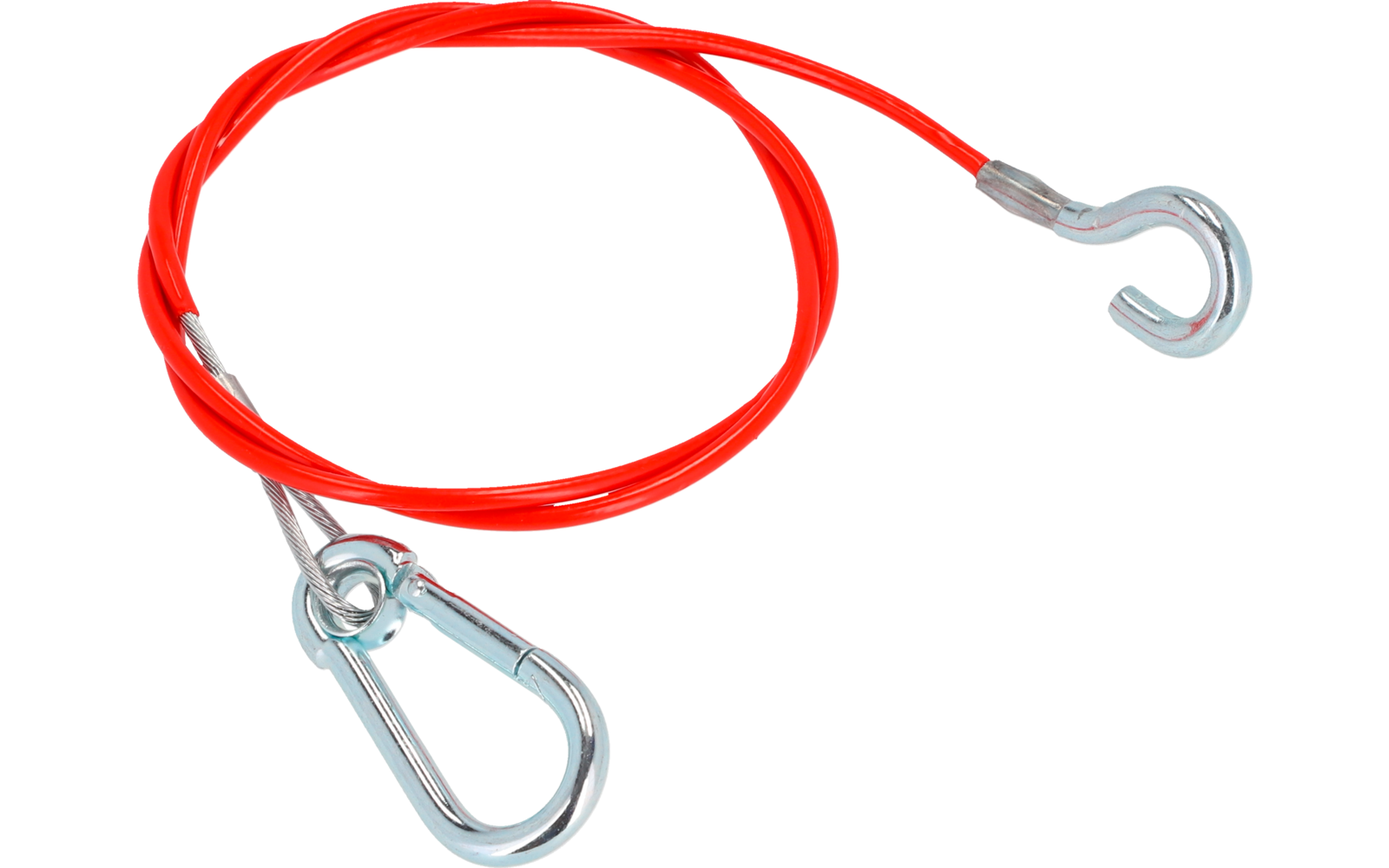 Rotes Stahlseil mit Metallkarabiner und Haken