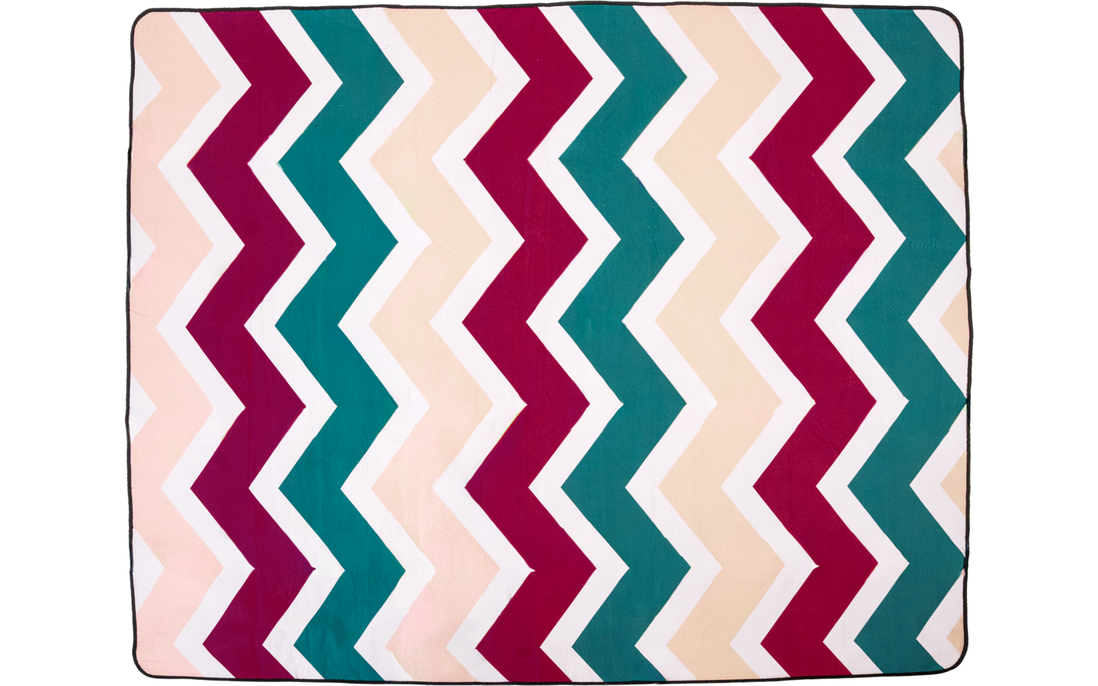 Rechteckige Fläche mit wiederholtem Zickzackmuster in türkis, dunkelrosa, hellrosa und beige auf weißem Hintergrund