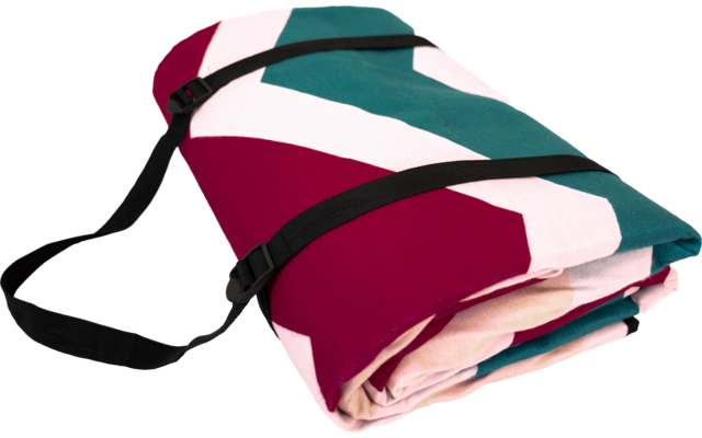 Gefaltetes, gestreiftes Textil in Burgund, Türkis, Weiß und Beige mit schwarzem Tragegurt und Schnalle