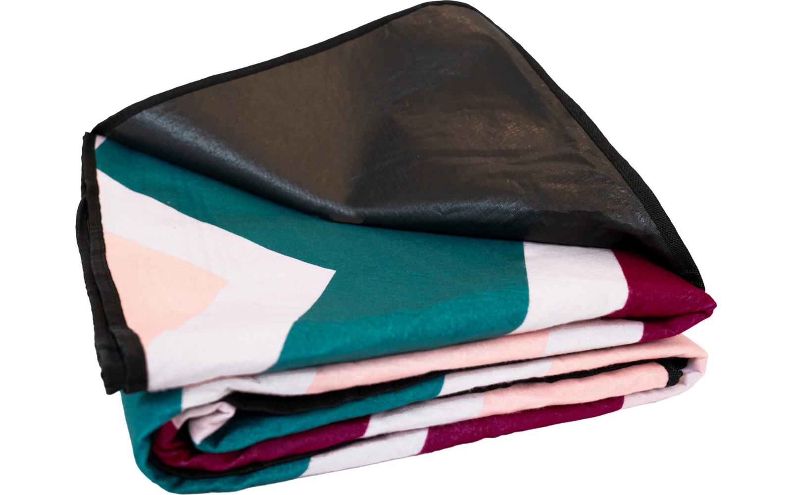 Gefaltetes, mehrfarbiges Textil mit geometrischem Muster (türkis, rosa, weiß, bordeaux) und schwarzer Rückseite