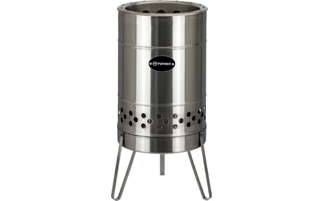 Zylindrischer Edelstahlbehälter auf drei schrägen Beinen, Reihe runder Löcher am unteren Rand und ovales Markenemblem vorne