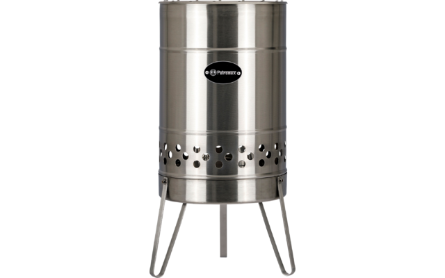 Zylindrischer Edelstahlbehälter auf drei Metallbeinen, unterer Ring mit runden Durchbrüchen, schwarzes ovales Logo mittig