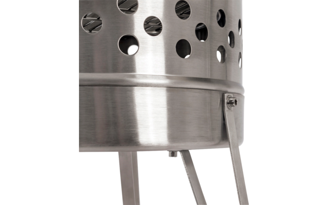 Nahaufnahme eines zylindrischen, gebürsteten Metallkörpers mit runden Löchern, einer Naht und einer schlanken, mit Bolzen befestigten Stütze