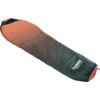 Mummy-shaped sleeping bag, orange at the head, dark green with light dots toward the foot, visible logo on the front