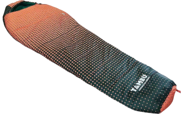 Mummy-shaped sleeping bag, orange at the head, dark green with light dots toward the foot, visible logo on the front