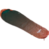 Orange mummy-shaped sleeping bag with black dot pattern and zipper