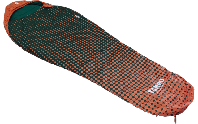 Orange mummy-shaped sleeping bag with black dot pattern and zipper