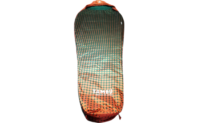 Orange-to-green gradient sleeping bag with a regular dot pattern and white TAMBU logo, viewed from above