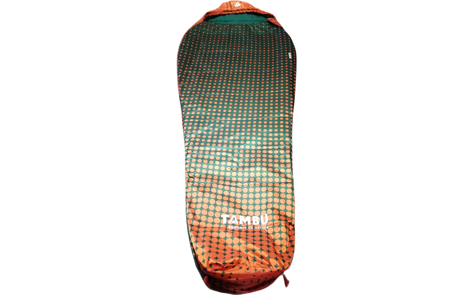 Orange-to-green gradient sleeping bag with a regular dot pattern and white TAMBU logo, viewed from above