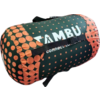 Cylindrical rolled fabric item with a black carrying strap, dark green background, orange polka dots and white text "TAMBU"