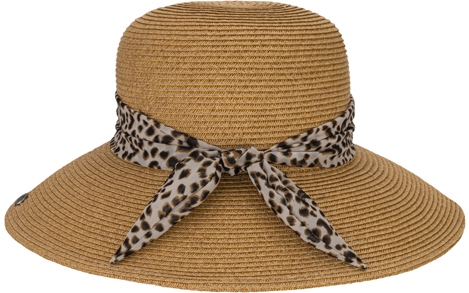 Large chapeau de paille à texture tressée et bande en tissu imprimé léopard, nouée en nœud à l'avant