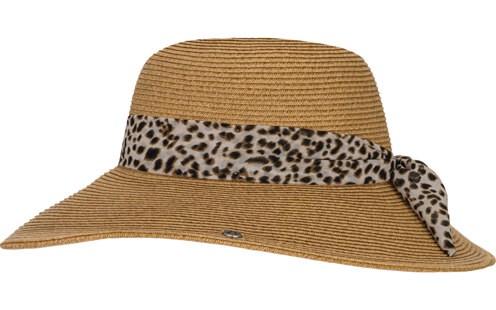 Chapeau marron tressé à large bord, ruban à motif léopard noué en nœud sur un côté