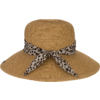 Large chapeau de paille à texture tressée et bande en tissu imprimé léopard, nouée en nœud à l'avant