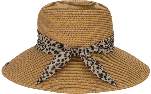 Large chapeau de paille à texture tressée et bande en tissu imprimé léopard, nouée en nœud à l'avant