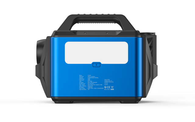 Blauer tragbarer Lautsprecher mit schwarzem Griff und Bedienelementen auf der Vorderseite