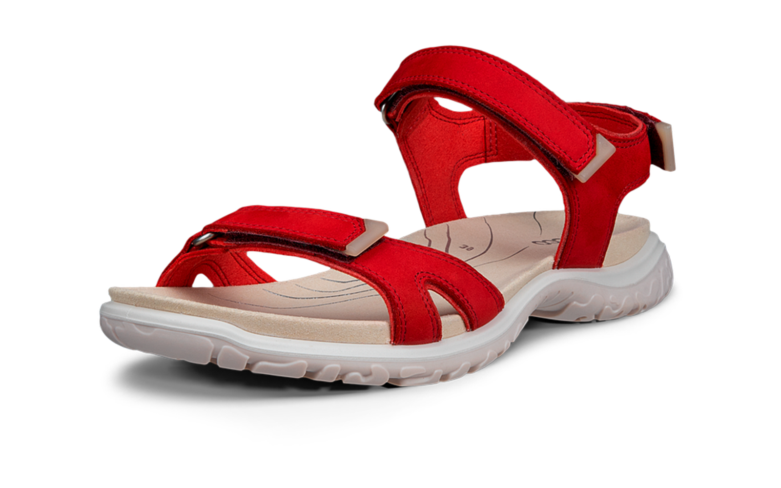 Rode open sandaal met twee verstelbare klittenbandsluitingen, beige gevoerde binnenzool en witte profielzool