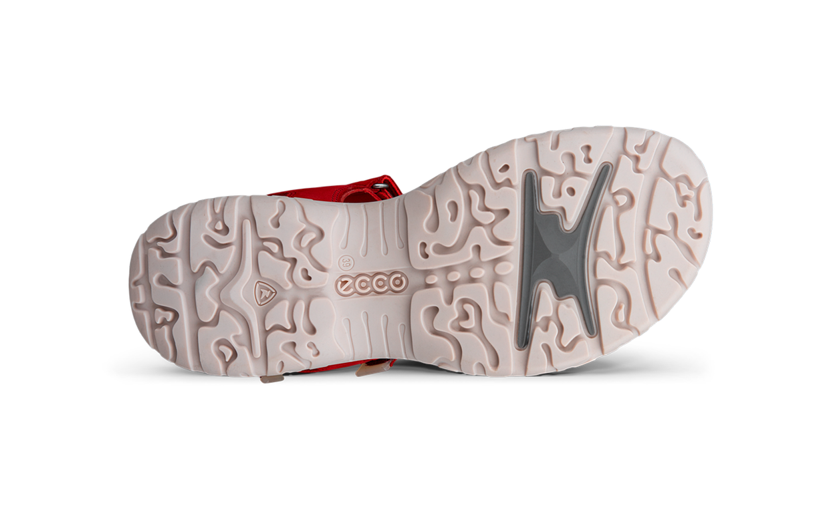 Onderkant van een lichtroze-beige schoenzool met profiel, grijze inzet, zichtbaar ecco-logo en rood riempje bovenaan