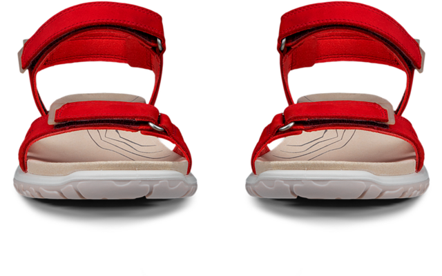 Twee rode sandalen met klittenbandsluitingen, witte zolen en beige binnenzolen, vooraanzicht op witte achtergrond