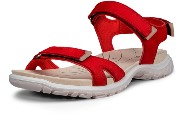 Rode open sandaal met twee verstelbare klittenbandsluitingen, beige gevoerde binnenzool en witte profielzool