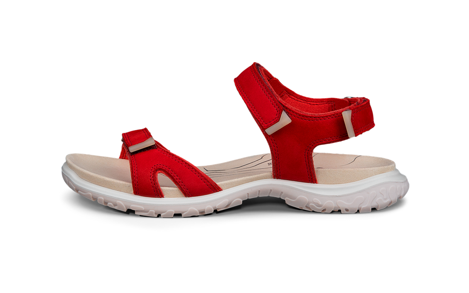 Rode sandaal in zijaanzicht met twee bandjes, beige voetbed en witte, profielzool
