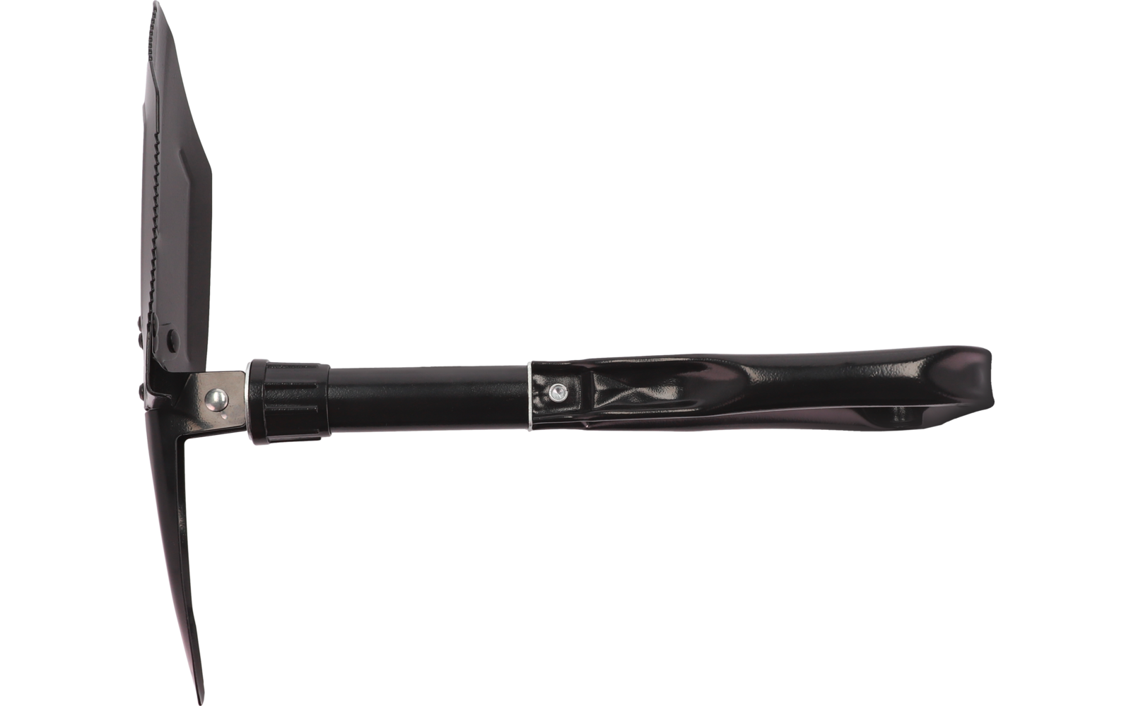 Ein schwarzer Staubsauger mit abnehmbarem Schlauch liegt auf einer weißen Fläche