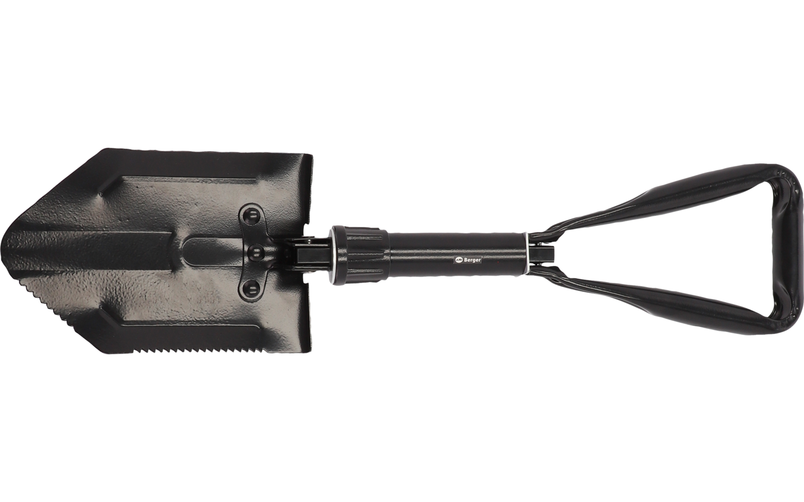 Klappbare schwarze Schaufel mit gezacktem Rand und Griff