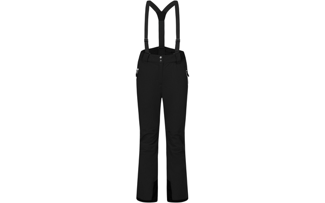 Schwarze Hose mit verstellbaren Hosenträgern, zwei seitlichen Reißverschlusstaschen und doppeltem Knopfverschluss vorne