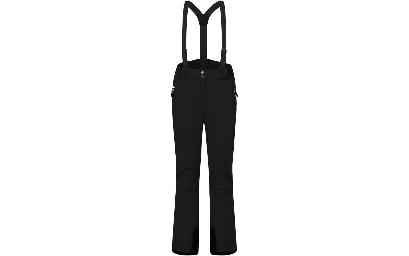 Schwarze Hose mit verstellbaren Hosenträgern, zwei seitlichen Reißverschlusstaschen und doppeltem Knopfverschluss vorne