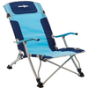 Folding chair with light- and dark-blue fabric, silver metal frame, armrests, logo on the backrest, and black feet