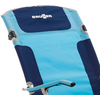 Close-up of a light-blue and dark-blue folding chair with metal frame and the word "BRUNER" on the headrest