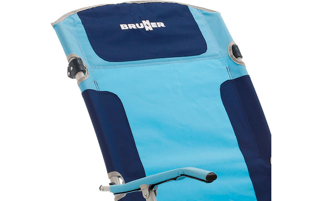 Close-up of a light-blue and dark-blue folding chair with metal frame and the word "BRUNER" on the headrest