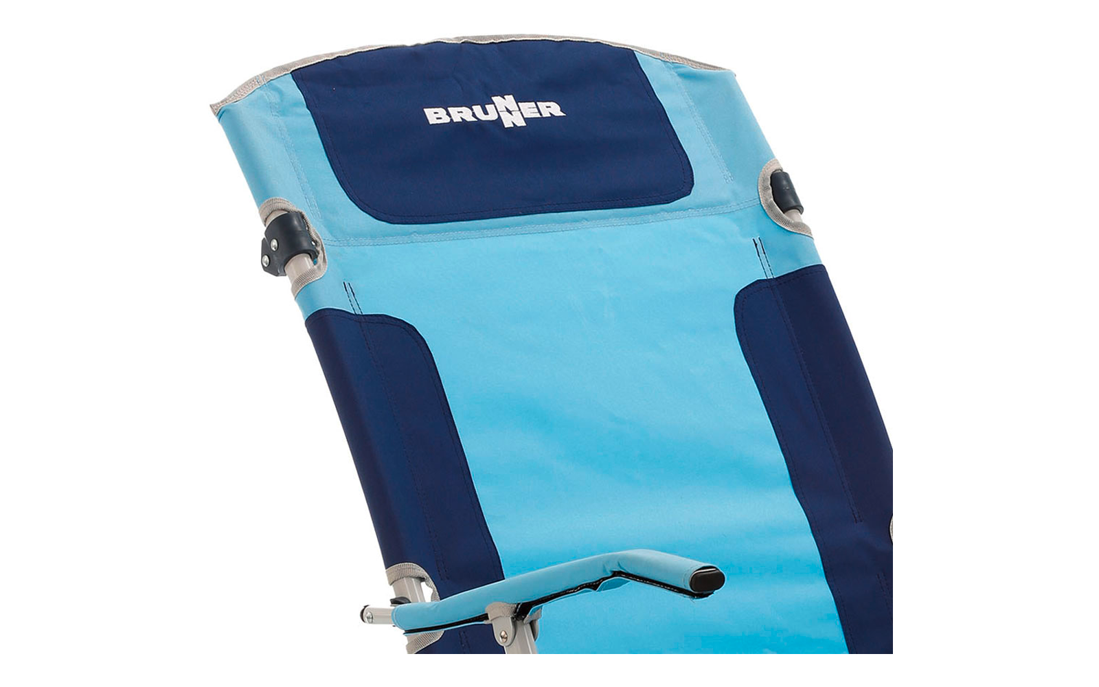 Close-up of a light-blue and dark-blue folding chair with metal frame and the word "BRUNER" on the headrest