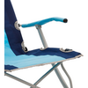Close-up of a blue fabric folding chair with a silver metal frame, padded armrest, and a round hole in the seat