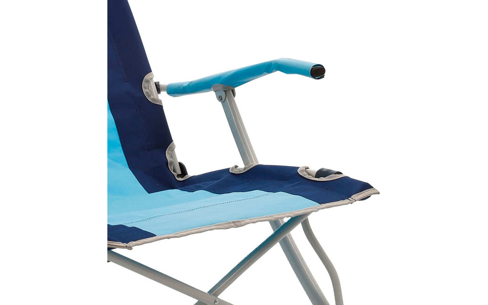 Close-up of a blue fabric folding chair with a silver metal frame, padded armrest, and a round hole in the seat