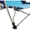 Close-up of a blue fabric seat with a silver metal frame and a black plastic foot