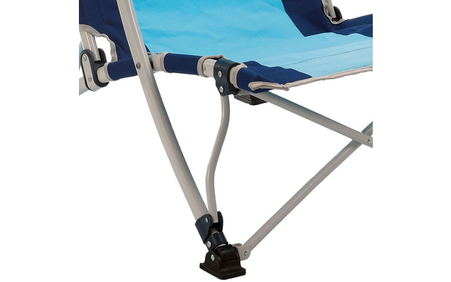 Close-up of a blue fabric seat with a silver metal frame and a black plastic foot