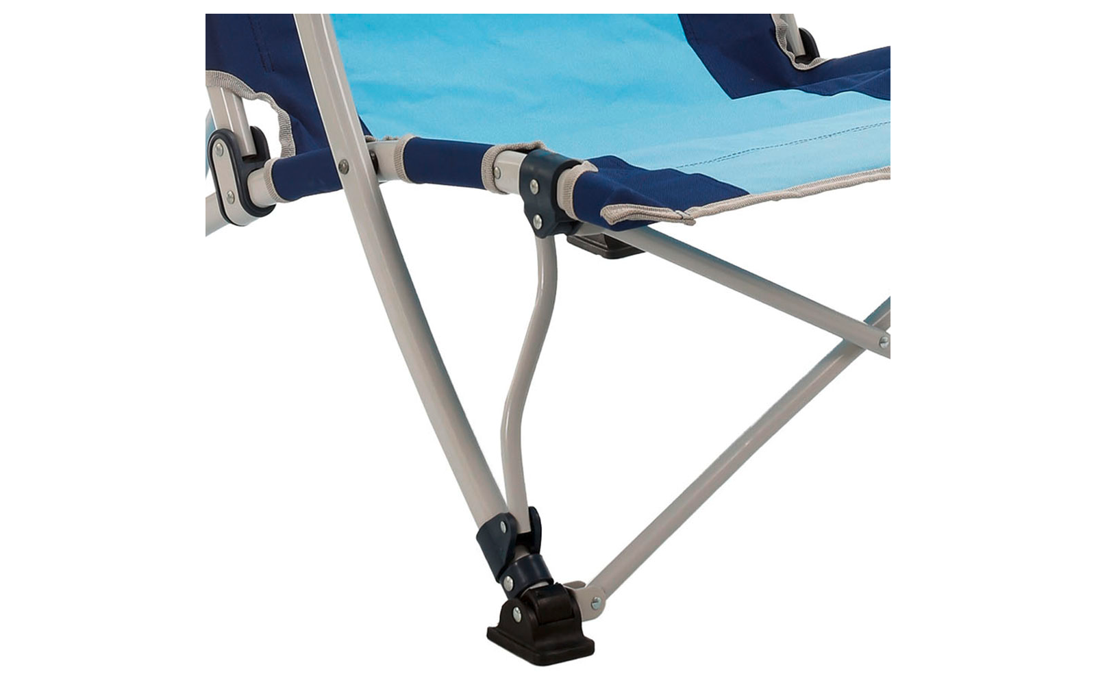 Close-up of a blue fabric seat with a silver metal frame and a black plastic foot