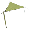 Green sunshade sail on a green meadow under a blue sky with clouds