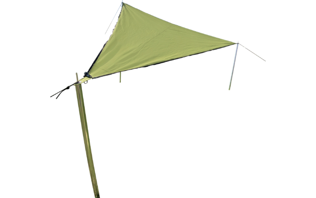 Green sunshade sail on a green meadow under a blue sky with clouds