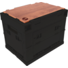 Black plastic crate with wooden lid and small round logo on top