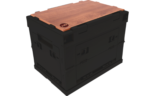 Black plastic crate with wooden lid and small round logo on top