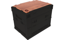 Zwarte kunststofkist met houten deksel en klein rond logo bovenop