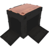 Black square plastic crate with two open flap doors on two adjacent sides, wooden top panel and small round emblem on the front corner
